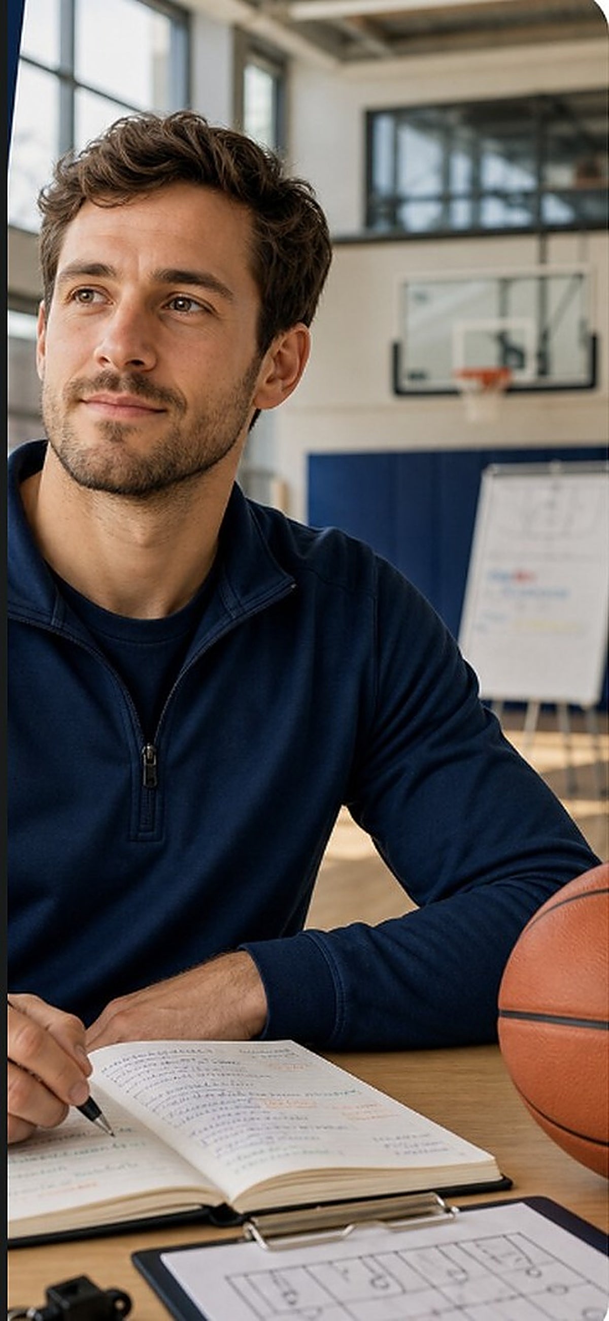 Un homme assis dans un gymnase, cahier de notes ouvert et ballon de basketball posé sur la table