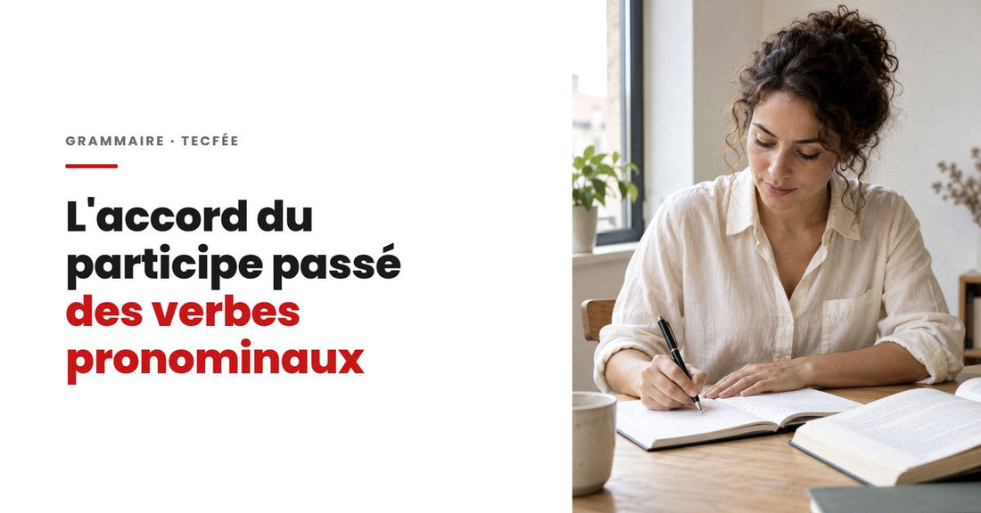 Une femme écrit dans un cahier, des livres ouverts devant elle.