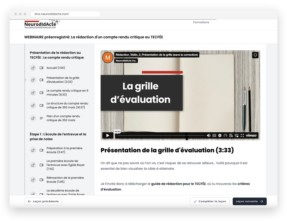 Aperçu de la formation en rédaction au TECFÉE de Neurodidacte, avec le menu des leçons et la vidéo sur la grille d’évaluation.