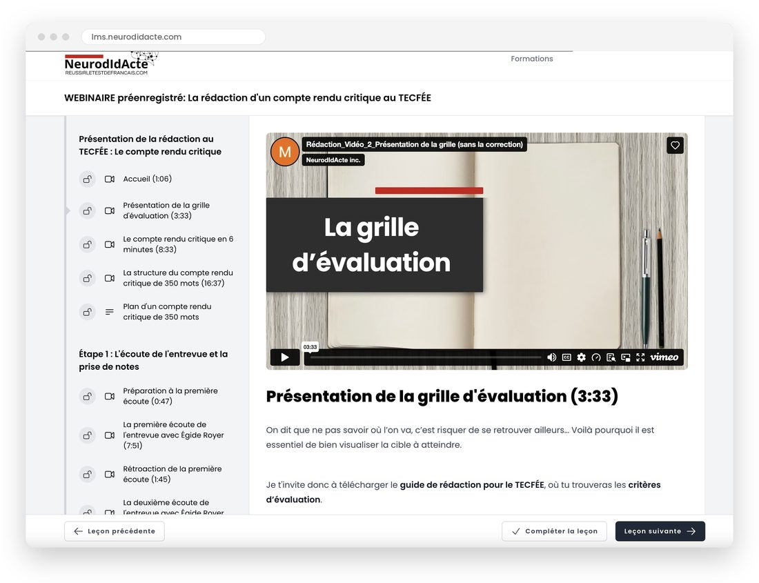 Aperçu de la formation sur la rédaction dans la plateforme de Neurodidacte.