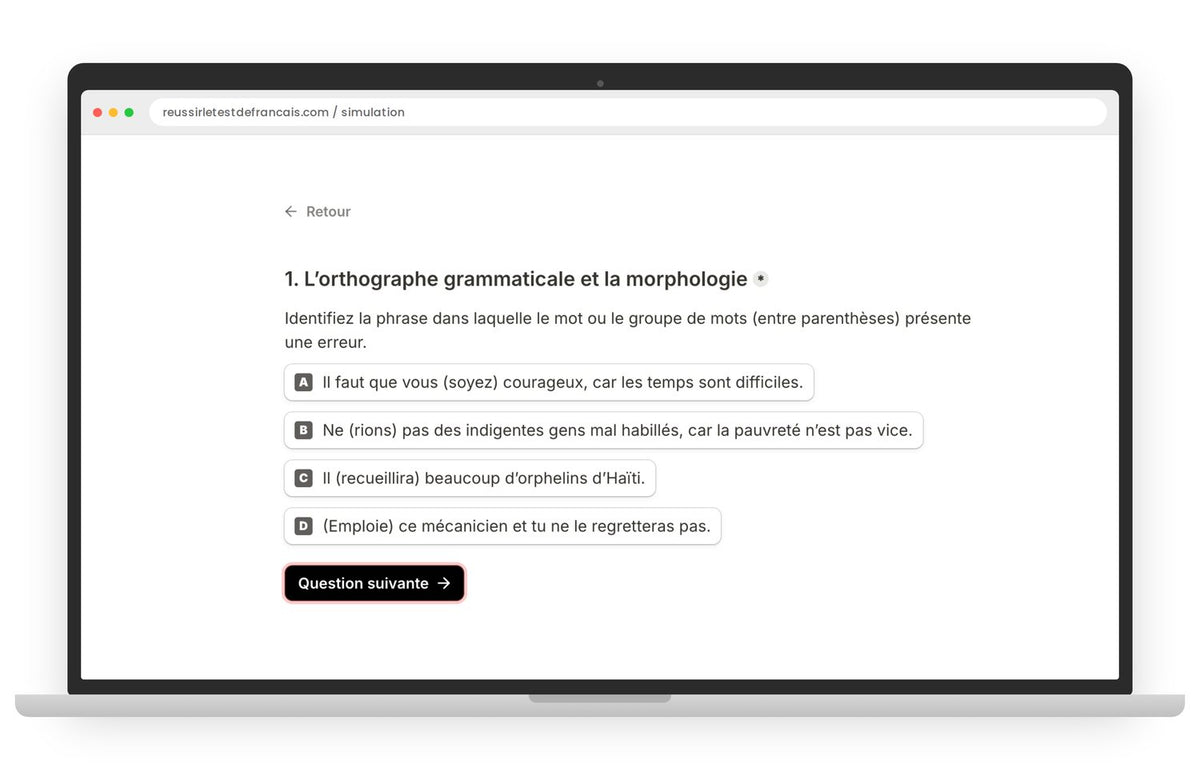 Aperçu de la simulation à l'écran : la question 1 porte sur l'orthographe grammaticale et la morphologie et propose quatre phrases parmi lesquelles repérer celle qui contient une erreur.