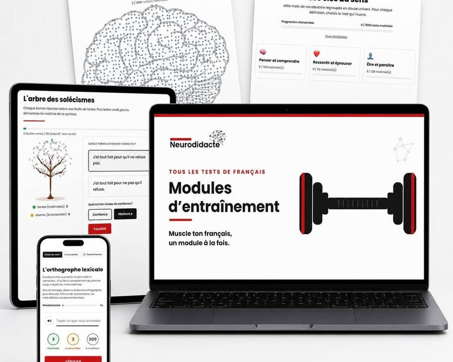 Les modules d’entraînement de Neurodidacte sur un ordinateur, une tablette et un téléphone